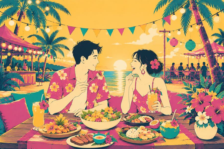 食事をしながら乾杯するふたり